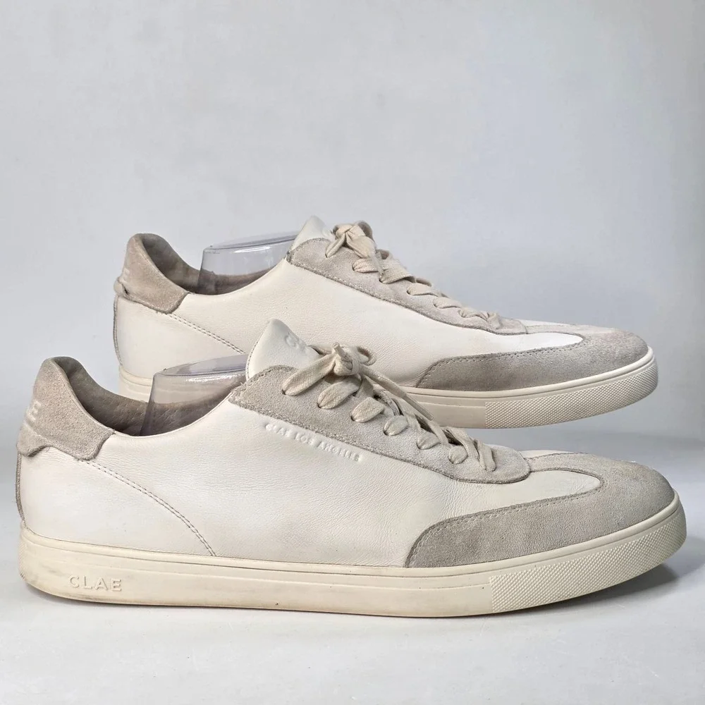 Clae Los Angeles Men's 14 Leather Suede Low Top Sneakers White Cream Shoes 48 EU